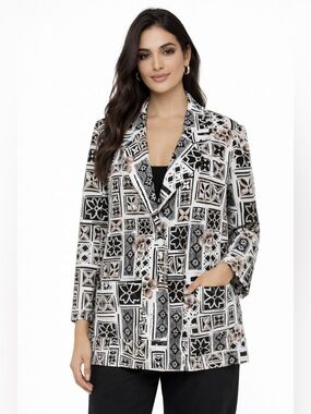 Vintage 90s Abstract Print Blazer Jacket Size 8 Black White Artsy Chic Pockets